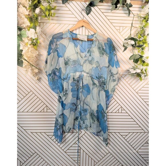 Anthropologie VACATION Edition Staci Woo Top Women's Blue Silk Frilly Tie OS - Picture 1 of 6